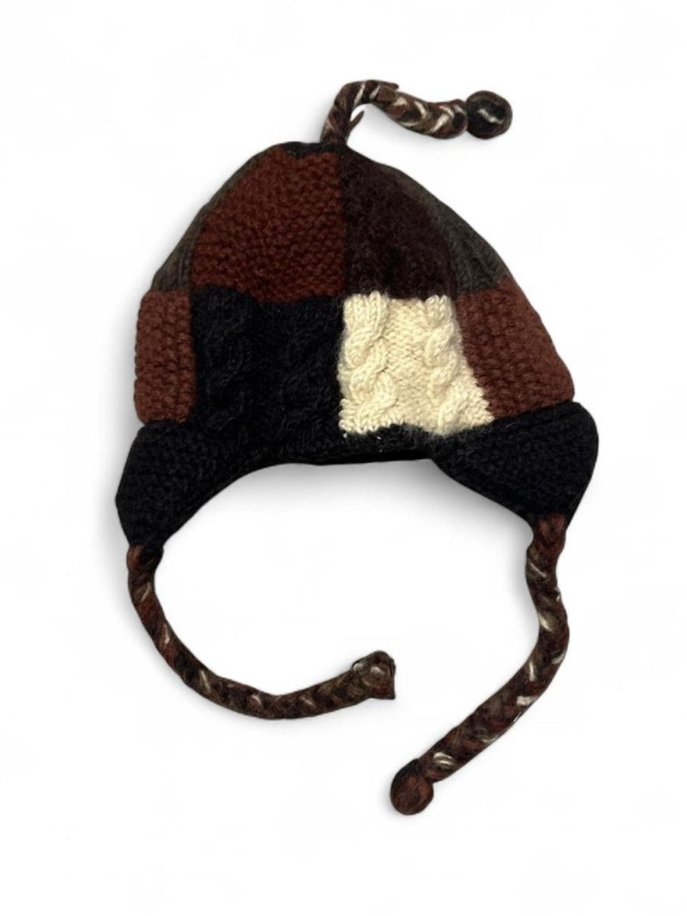 American Vintage Wool Patchwork Earflap Knit Hat - Brown, Black & Cream